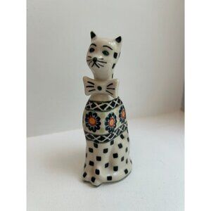 Polish Pottery Hand Painted Long Neck Cat Sitting with Bow Figurine 5” Tall